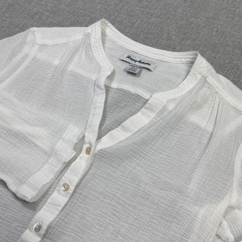 Tommy Bahama Tunic Blouse‎ Womens XXS White Henley Roll Tab Sleeve Lightweight
